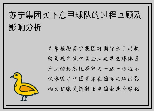 苏宁集团买下意甲球队的过程回顾及影响分析