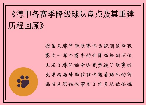 《德甲各赛季降级球队盘点及其重建历程回顾》